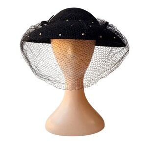 Vintage 50s Black Wool Veiled Hat Rhinestones & Beads Kentucky Derby Fascinator